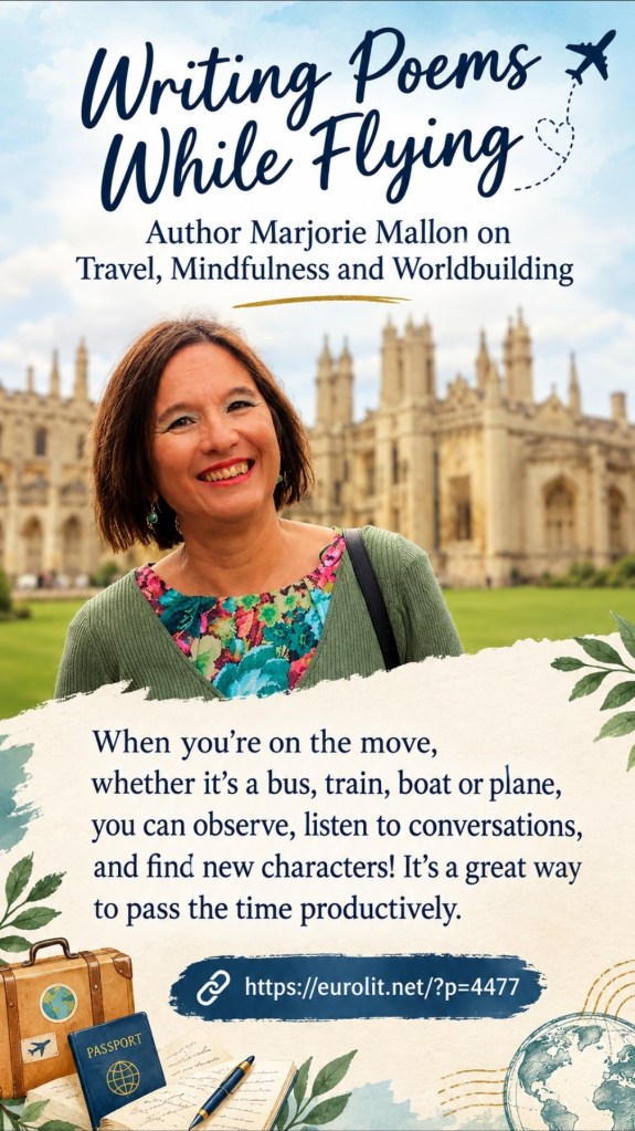 An author, Marjorie Mallon, smiles in front of a historic building, promoting her work on travel and creativity. The background includes travel-related imagery such as a passport and a pen.