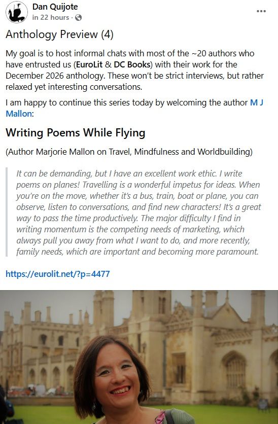 A woman smiling outdoors in front of a large historic building, discussing her writing process and thoughts on creativity while traveling.