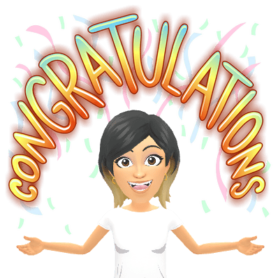 A cartoon character with black and blonde hair, smiling and presenting with outstretched arms, surrounded by colorful confetti and the word 'CONGRATULATIONS' in a celebratory font.