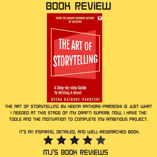 Book review of 'The Art of Storytelling' by Heena Rathore-Pardeshi, highlighting its usefulness for writing a novel and overall inspiring nature, along with a five-star rating.